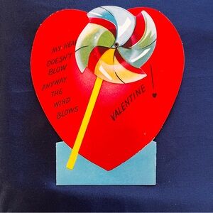 Vintage Mechanical Vibrant Heart-Shaped Valentine Card with Pinwheel